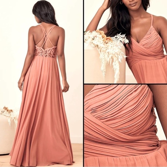 Lulu’s Rusty Rose Lace Back Maxi Dress Pintucked Chiffon Surplice Spaghetti L - Picture 2 of 10